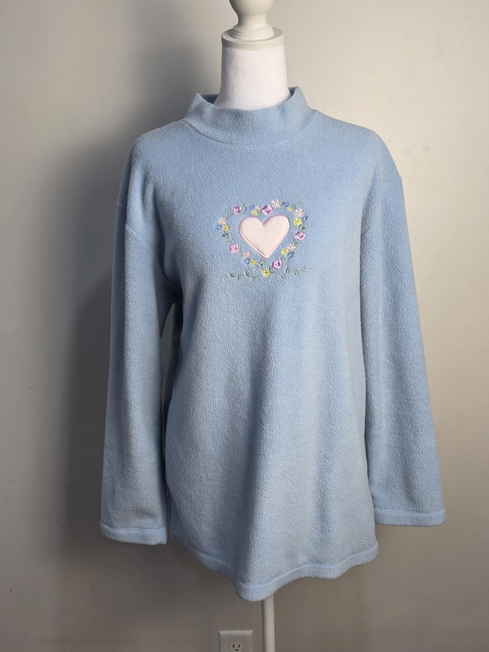 Vintage Jennifer Moore Powder Blue Mock Neck Sweater with Pink Heart